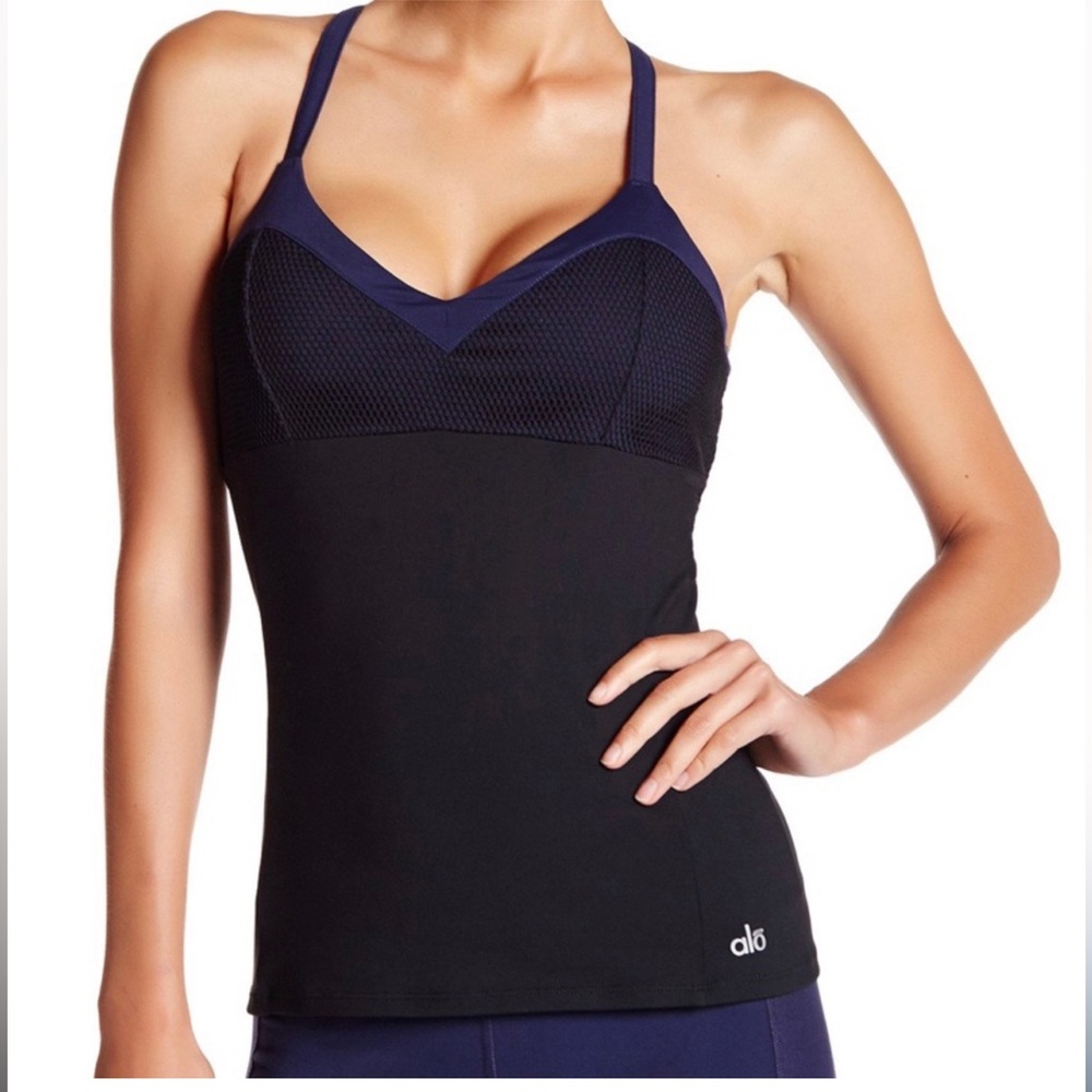 Alo Black and Navy Criss-Cross support Tank, XS